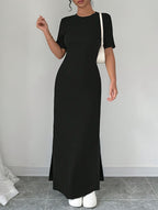 A Tailored, Solid Black Dress for Women, Featuring a Slit Design, Suitable for Everyday Wear in Spring And Summer - Black