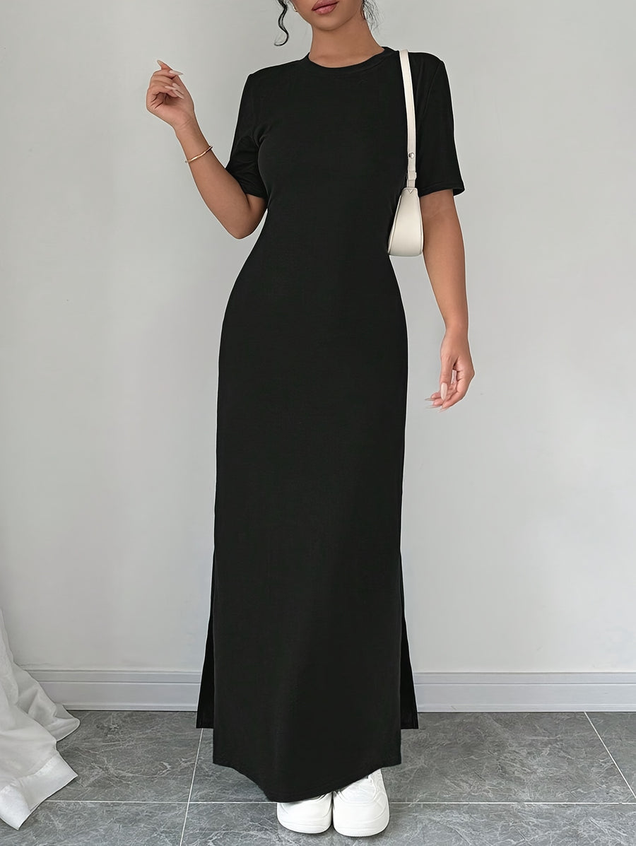 A Tailored, Solid Black Dress for Women, Featuring a Slit Design, Suitable for Everyday Wear in Spring And Summer - Black