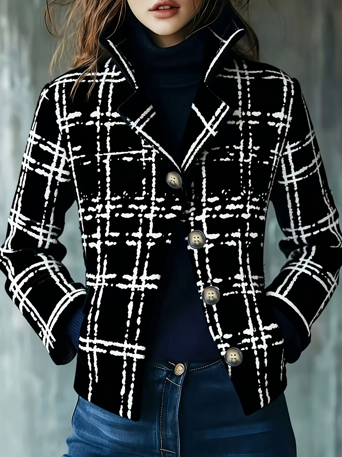 Women'S Fashion Hot Style Casual Jacket with Buttons And Plaid Pattern - Black