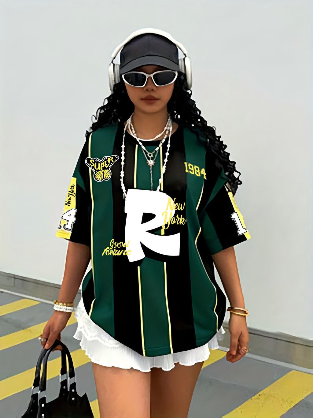 Women's Casual Drop-shoulder T-shirt, Street-style Academic Look, with Dropped Shoulders and Letter "R" and Stripe Print, Suitable for Daily Wear, the Best Gift for Family - Mixed colors