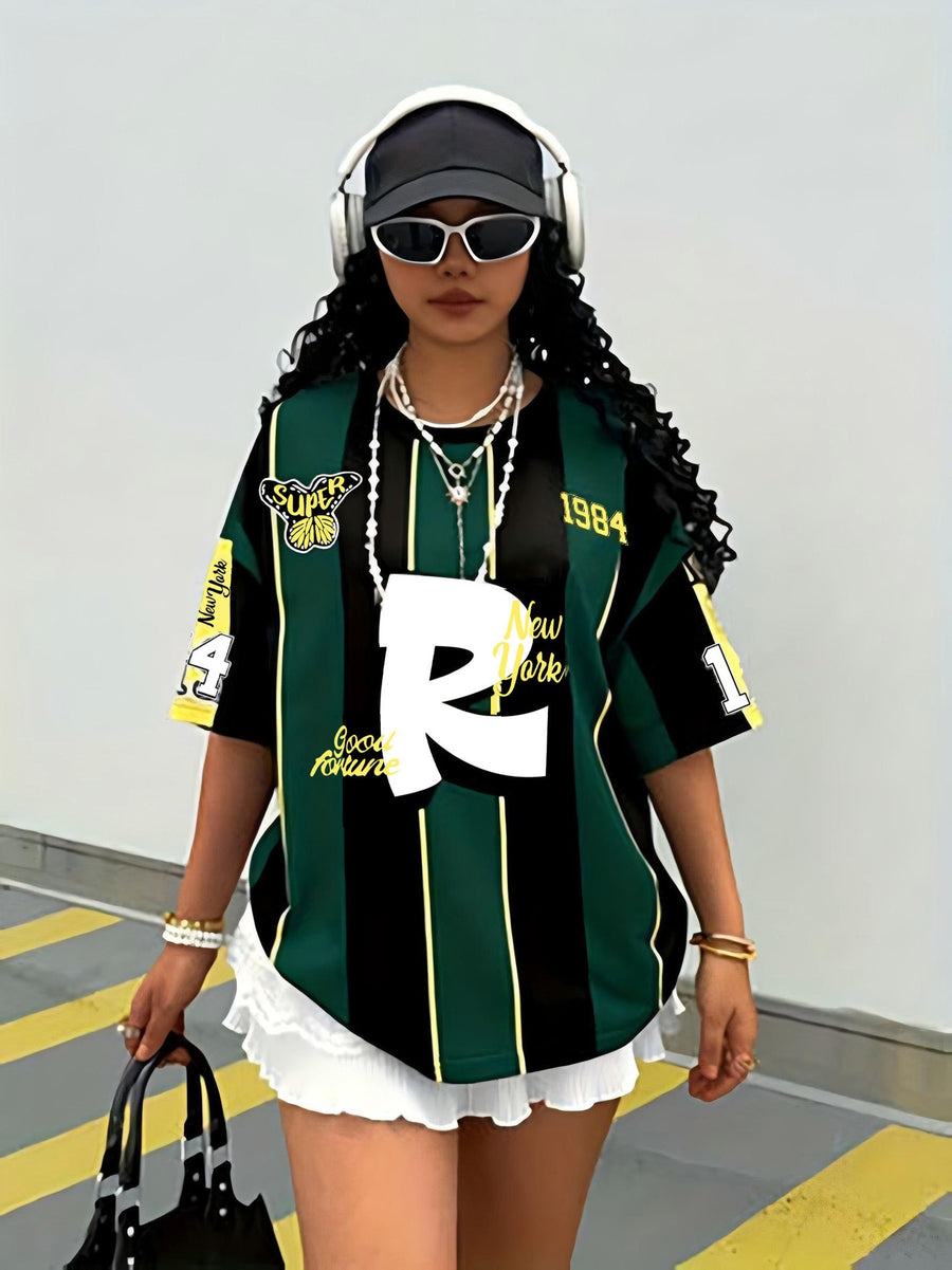 Women's Casual Drop-shoulder T-shirt, Street-style Academic Look, with Dropped Shoulders and Letter "R" and Stripe Print, Suitable for Daily Wear, the Best Gift for Family - Mixed colors