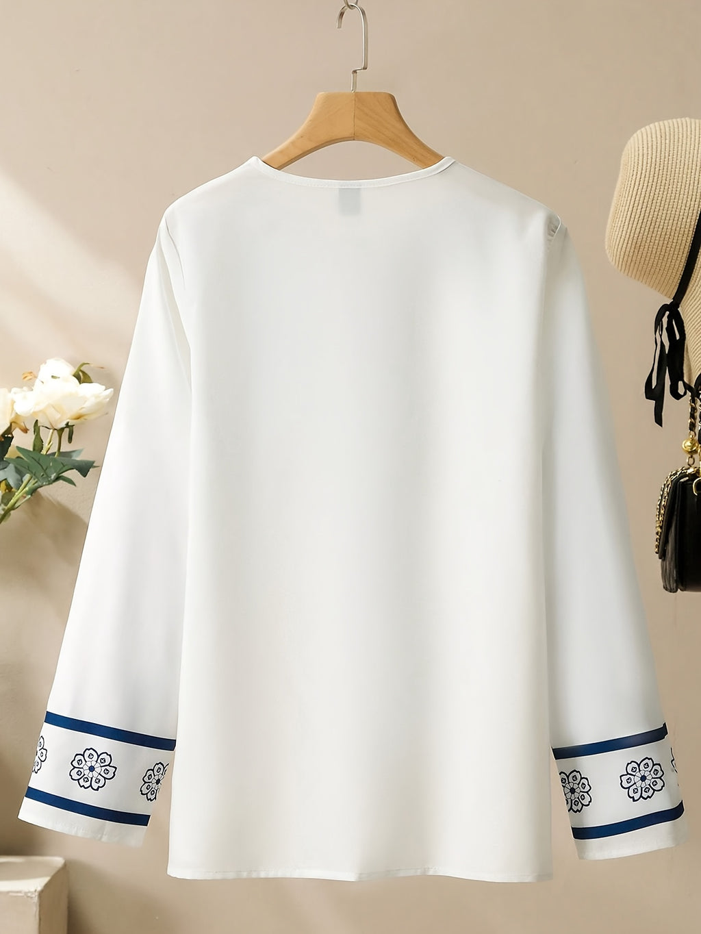 Women'S Floral Print Long Sleeve Button-Up Shirt with Tie Neck - Casual, All-Season, White with Blue Floral, Perfect for Vacation or Everyday Wear, Casual Wear|Floral|Long Sleeve Shirt - White
