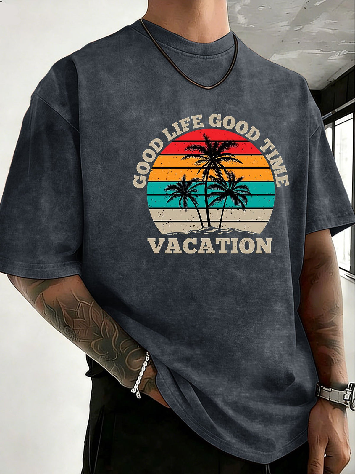 Loose Short Sleeve T-Shirt Men'S Heavyweight Pure Washed Distressed Top Trendy Double-Sided Print 12 Colors Free to Match Street Hip-Hop Style Casual Outing Sports Fitness Commuting Couple Style American Street Short Sleeve - Navy Color