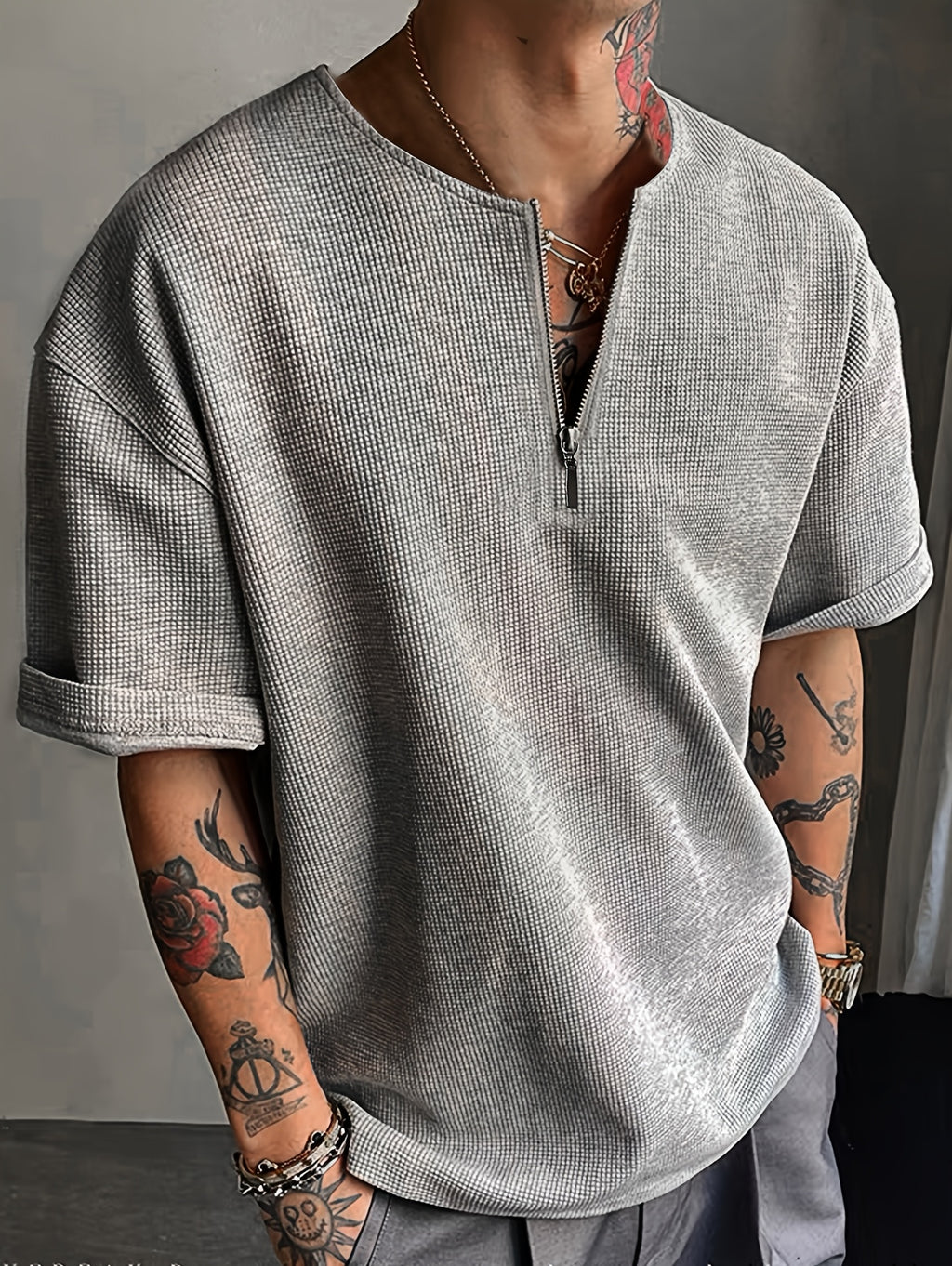 Men'S Athletic Top Waffle Half-Zip Men'S T-Shirt Short Sleeve Summer Trendy Men'S Clothing Summer American Style Short Sleeve All-Match - Grey