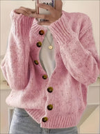 Women's Casual Colorful Button-front Cardigan with Soft Long Sleeves, Round Neck, Light-weight Fashion Candy-colored Dot Pattern, Casual and Elegant Garment | Stretch Fabric Cardigan Suitable for Casual Attire - Pink Color