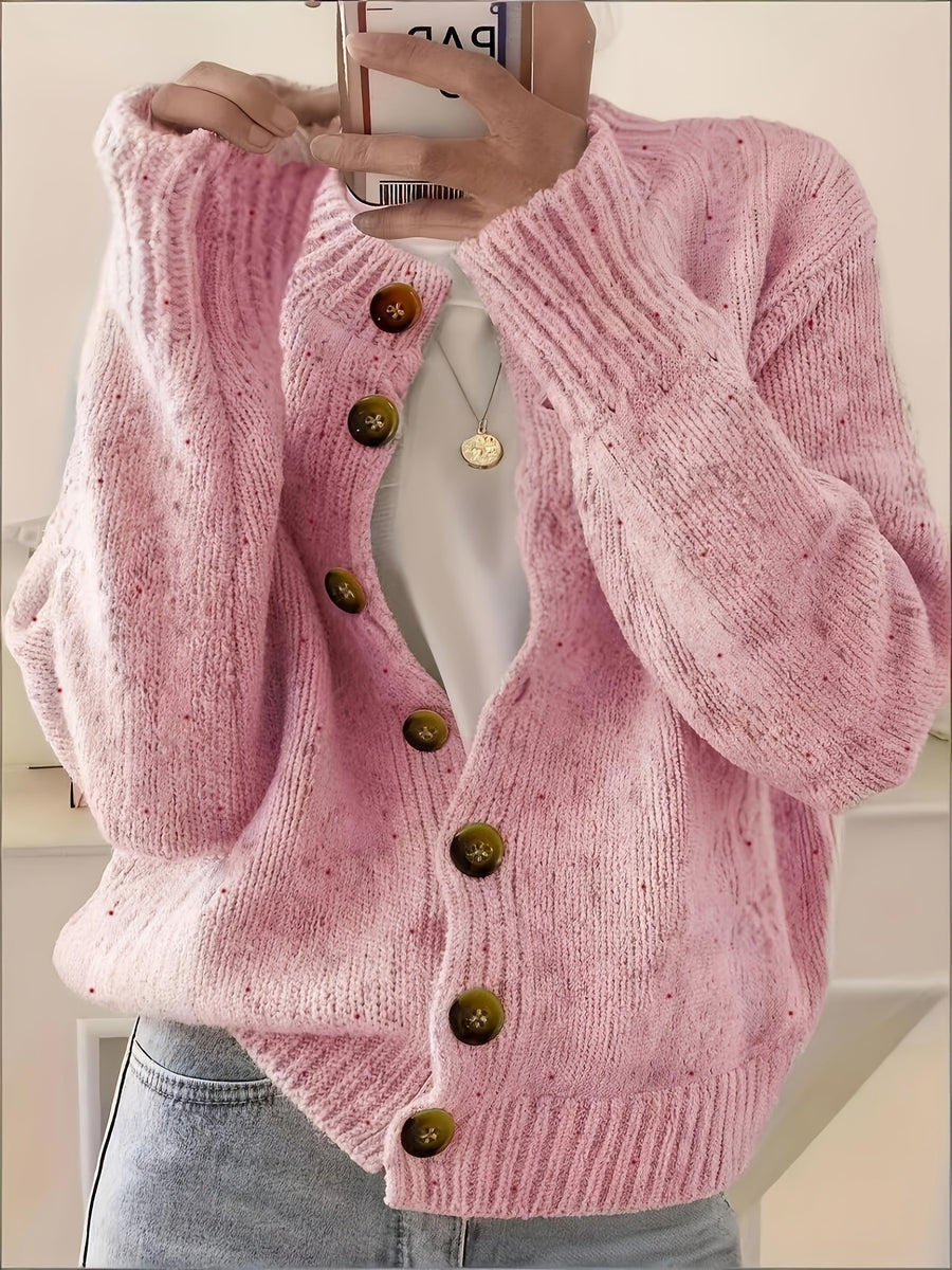 Women's Casual Colorful Button-front Cardigan with Soft Long Sleeves, Round Neck, Light-weight Fashion Candy-colored Dot Pattern, Casual and Elegant Garment | Stretch Fabric Cardigan Suitable for Casual Attire - Pink Color