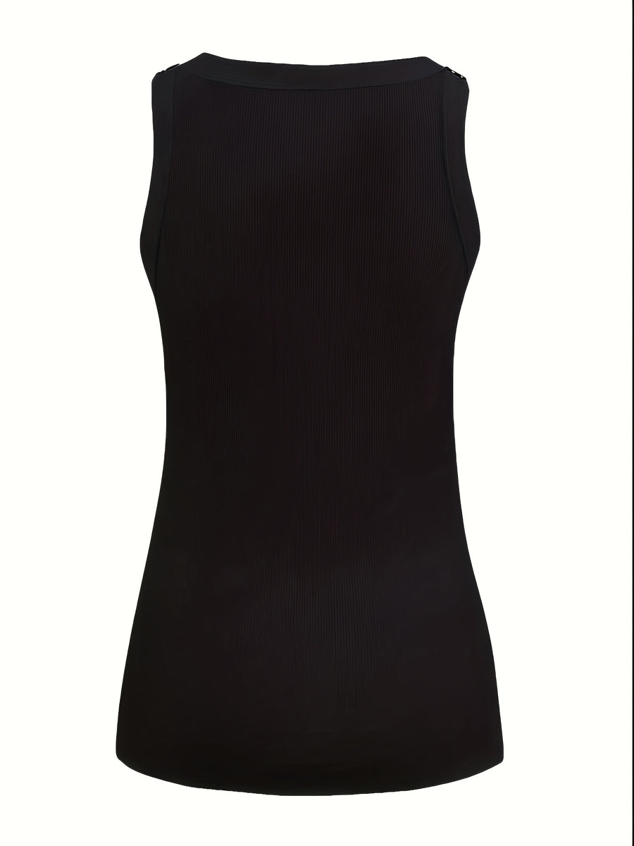 Women's Sheer Semi-Sheer Slim Roentgen Sleeveless Top - Round Neck Summer Blouse with Faux Button Front, Machine Washable - Sexy Sleeveless Shirt for Spring/Summer Outfits (Solid Color) - Black