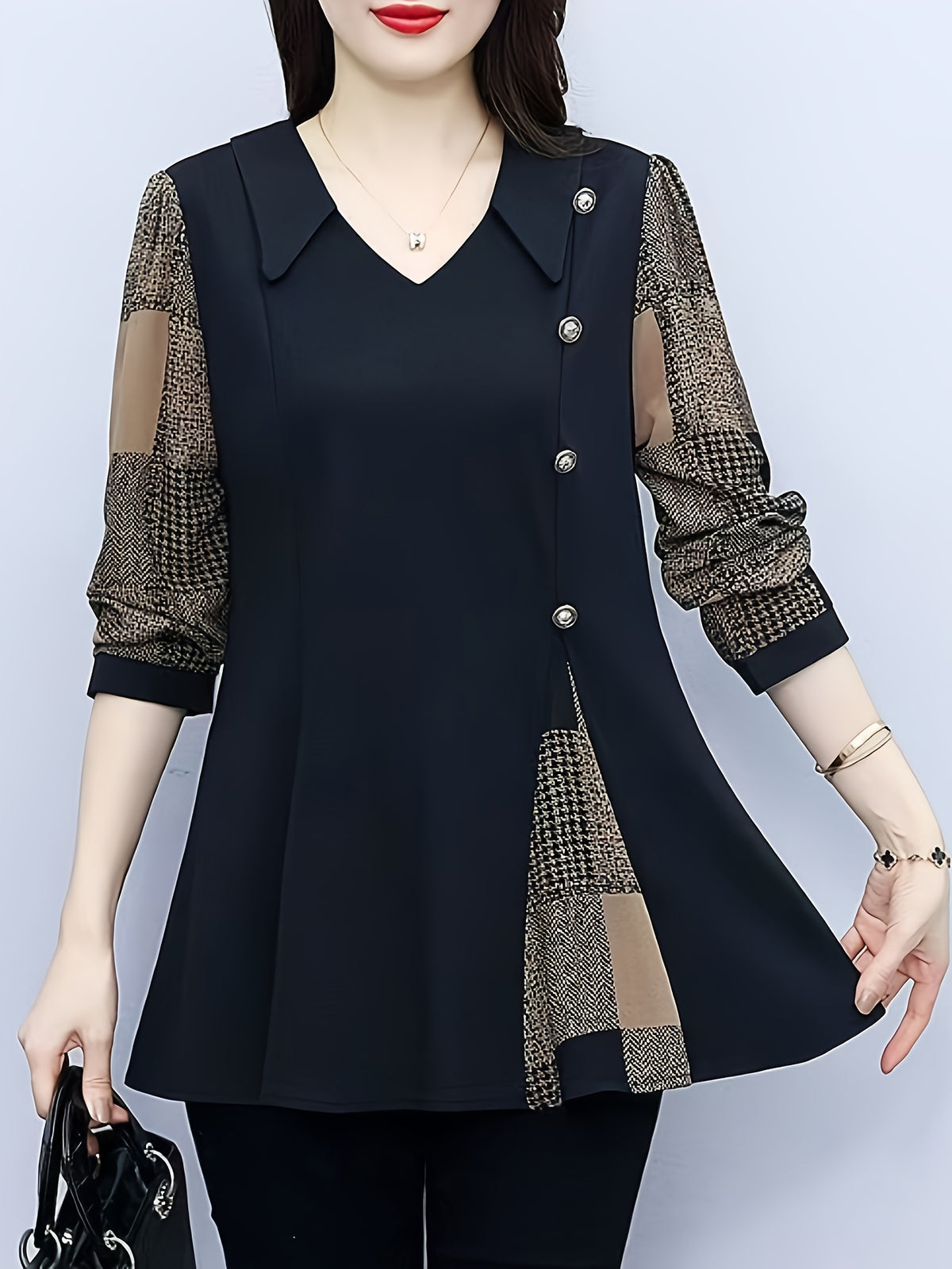 Spring and Autumn Stylish Mom-Style Long-Sleeve Top for Women - Black