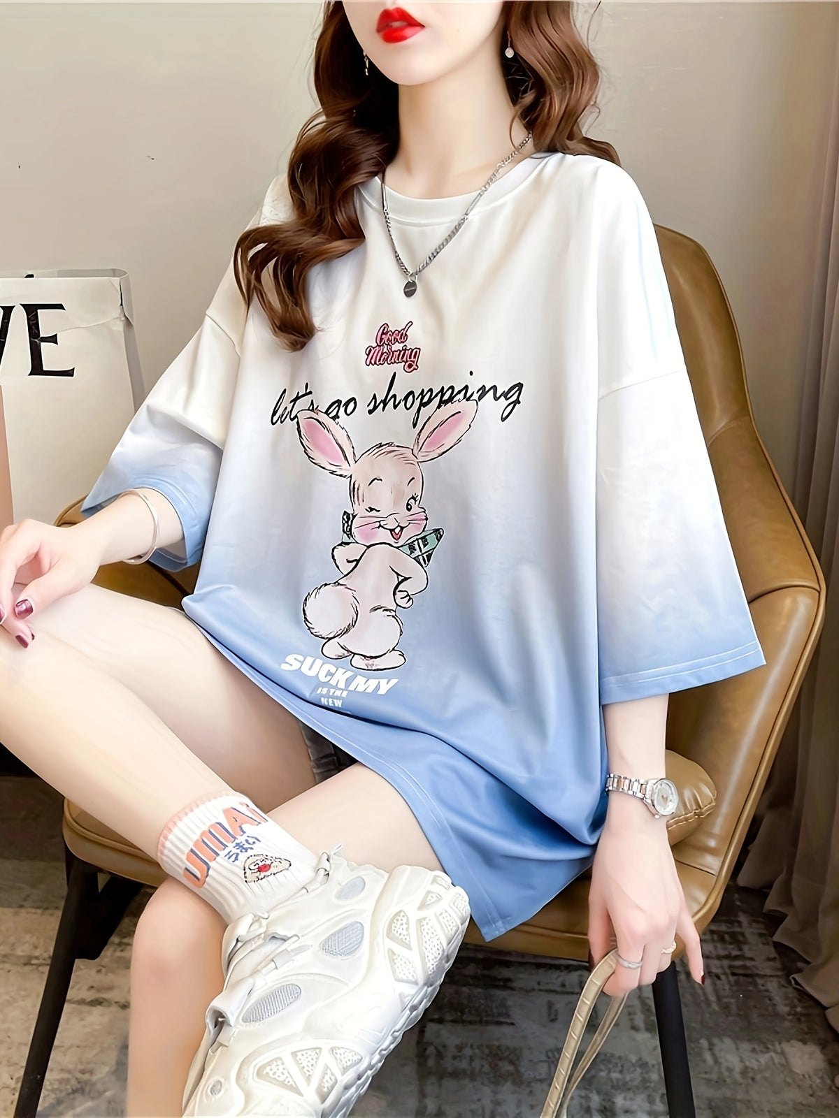 New Summer Collection of Plus-Size Loose-Fitting Stylish Cartoon Print Women'S Mid-Length Short-Sleeve T-Shirts - K71-L