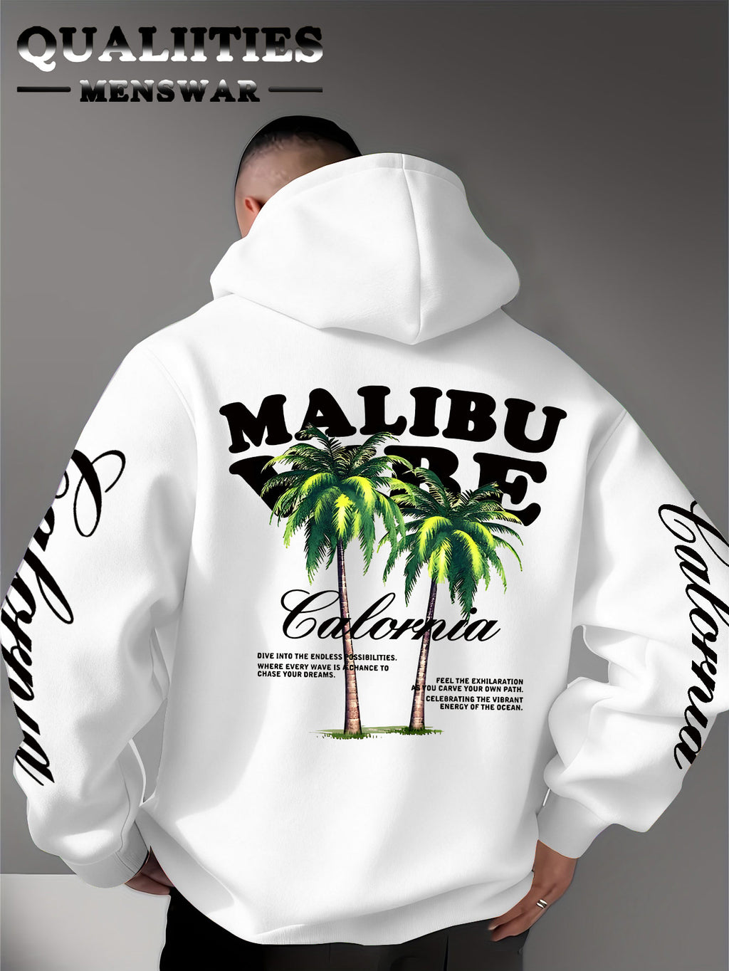 Men'S Casual Stylish Quality Hoodie Featuring The MALIBU VIBE Design with Two Palm Trees, Embodying The American California Beach Vibe Filled with Sunshine, Freedom, Knit - White