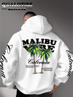 Men'S Casual Stylish Quality Hoodie Featuring The MALIBU VIBE Design with Two Palm Trees, Embodying The American California Beach Vibe Filled with Sunshine, Freedom, Knit - White