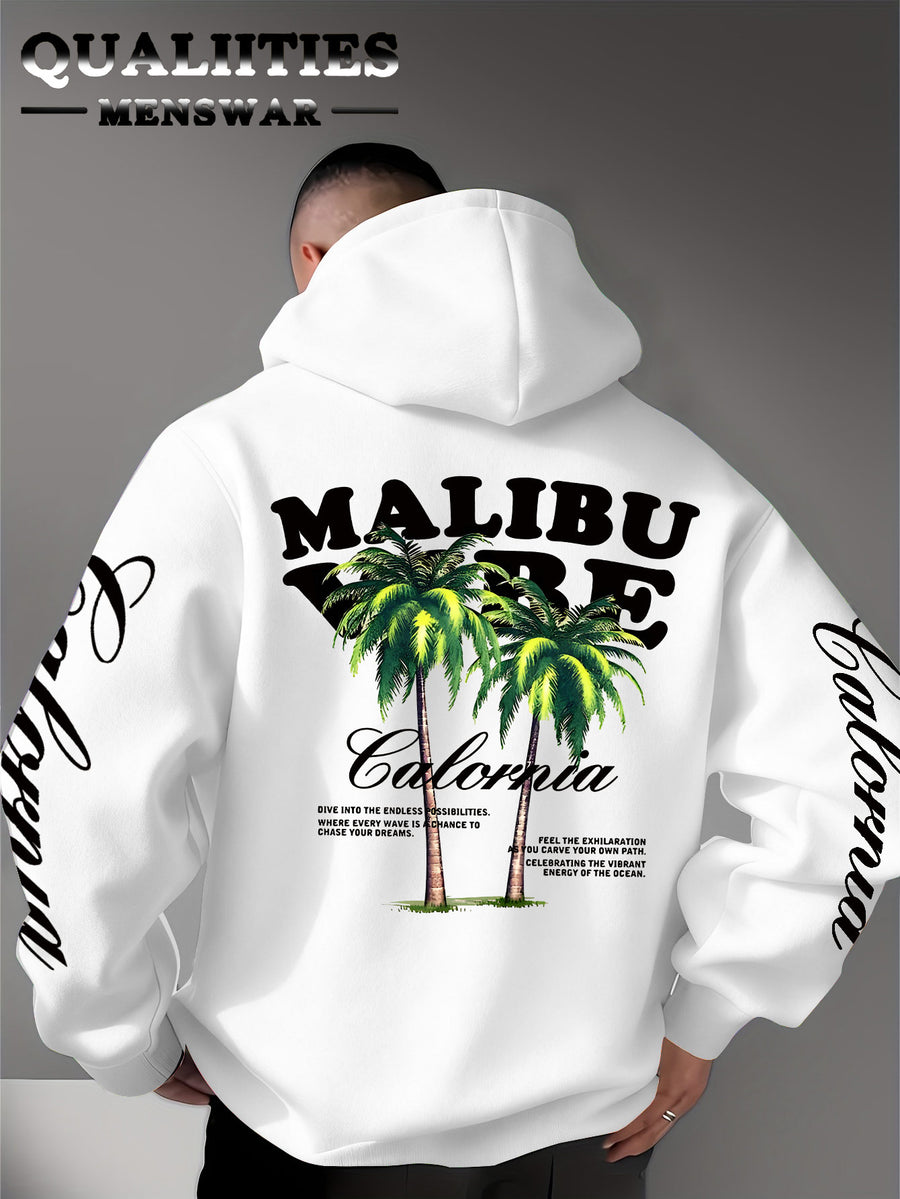 Men'S Casual Stylish Quality Hoodie Featuring The MALIBU VIBE Design with Two Palm Trees, Embodying The American California Beach Vibe Filled with Sunshine, Freedom, Knit - White