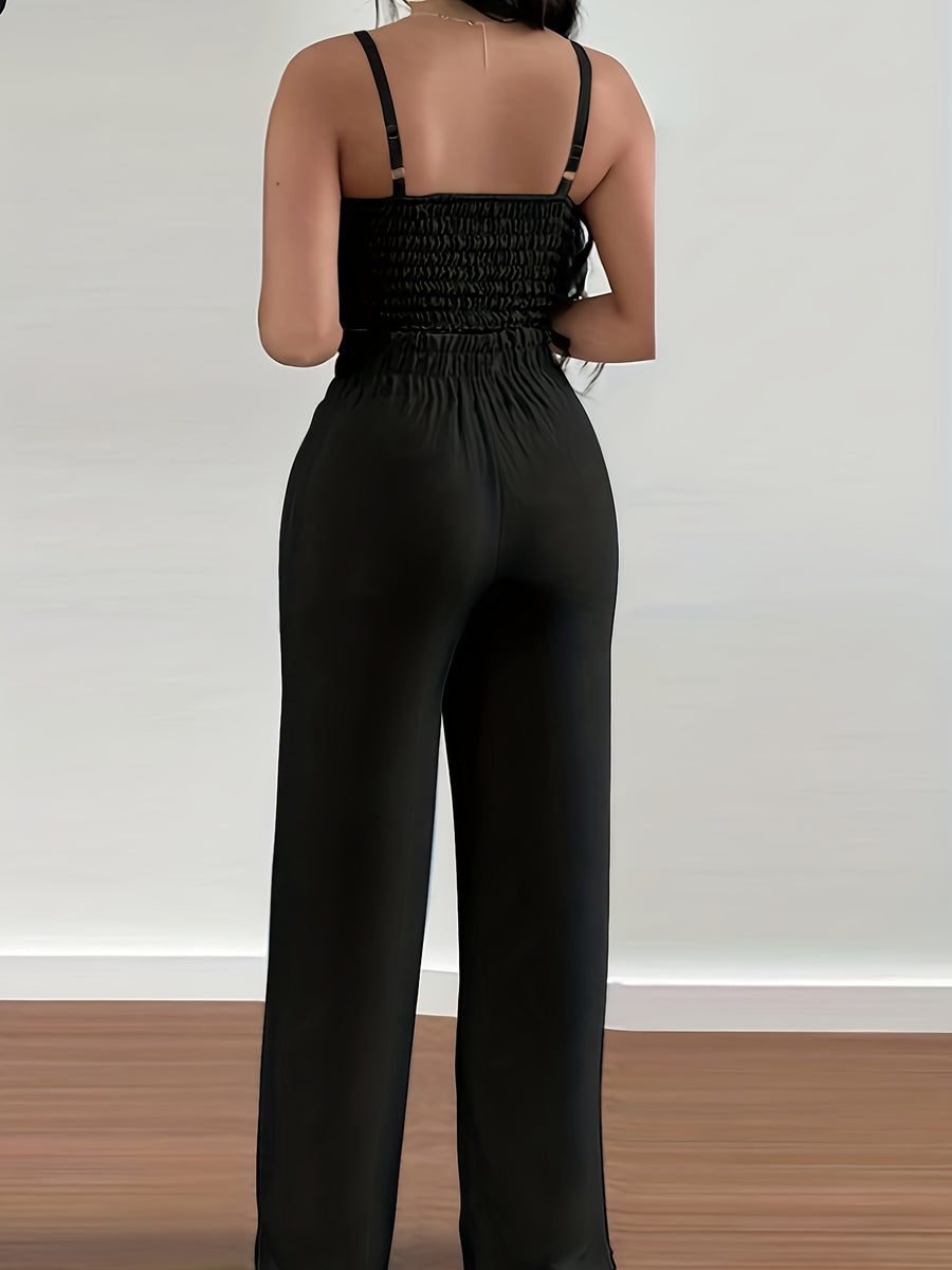 2-piece Women's Set with Thin Strap Stretch Camisole and Wide-leg Pants (front Tie) for Casual Vacation Wear - Black