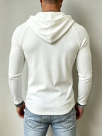European and American Style Men's Houndstooth Hooded Long Sleeve T-Shirt with Criss-Cross Lace-Up Deep V, Solid Color Stretchy Body-Hugging Sport Hoodie, Versatile Everyday Pullover - White