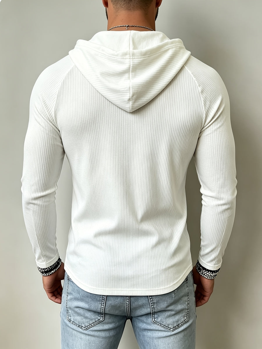 European and American Style Men's Houndstooth Hooded Long Sleeve T-Shirt with Criss-Cross Lace-Up Deep V, Solid Color Stretchy Body-Hugging Sport Hoodie, Versatile Everyday Pullover - White