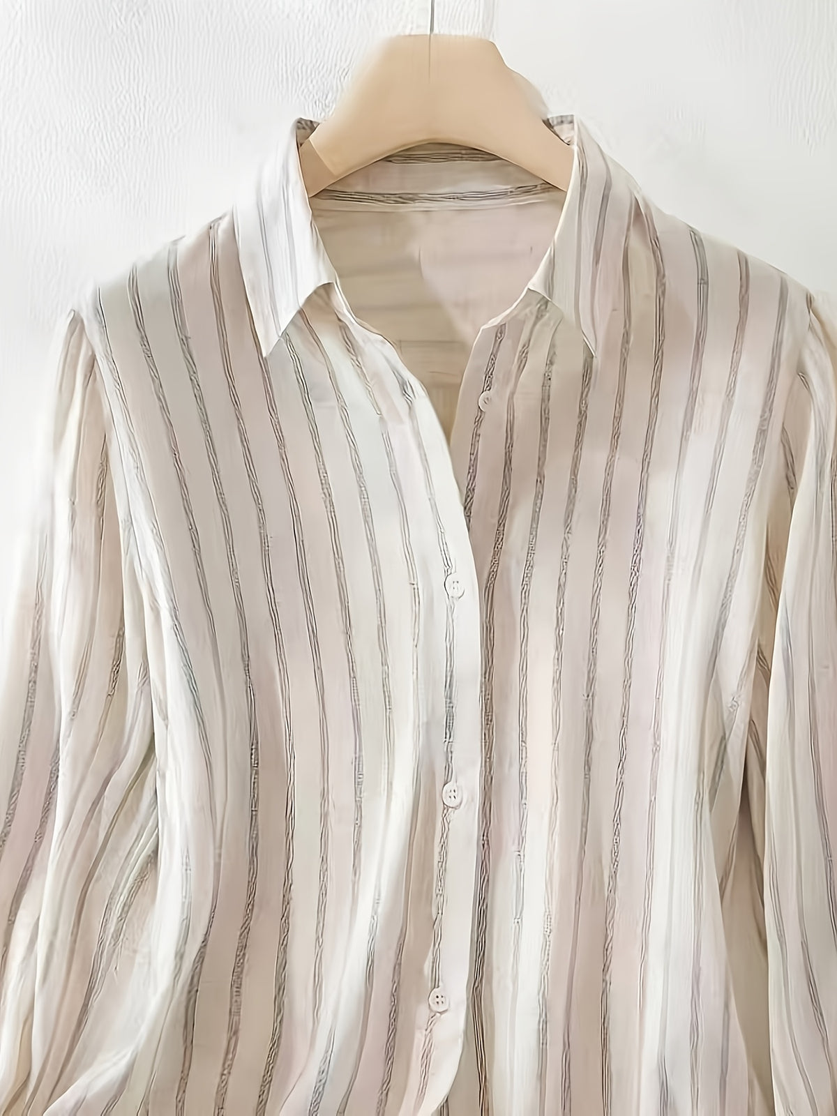 Elegant Striped Color-Blocked Lapel Shirt for Women, Featuring a Single-Breasted Design And Long Sleeves, Perfect for Spring And Autumn Fashion - Apricot Strips