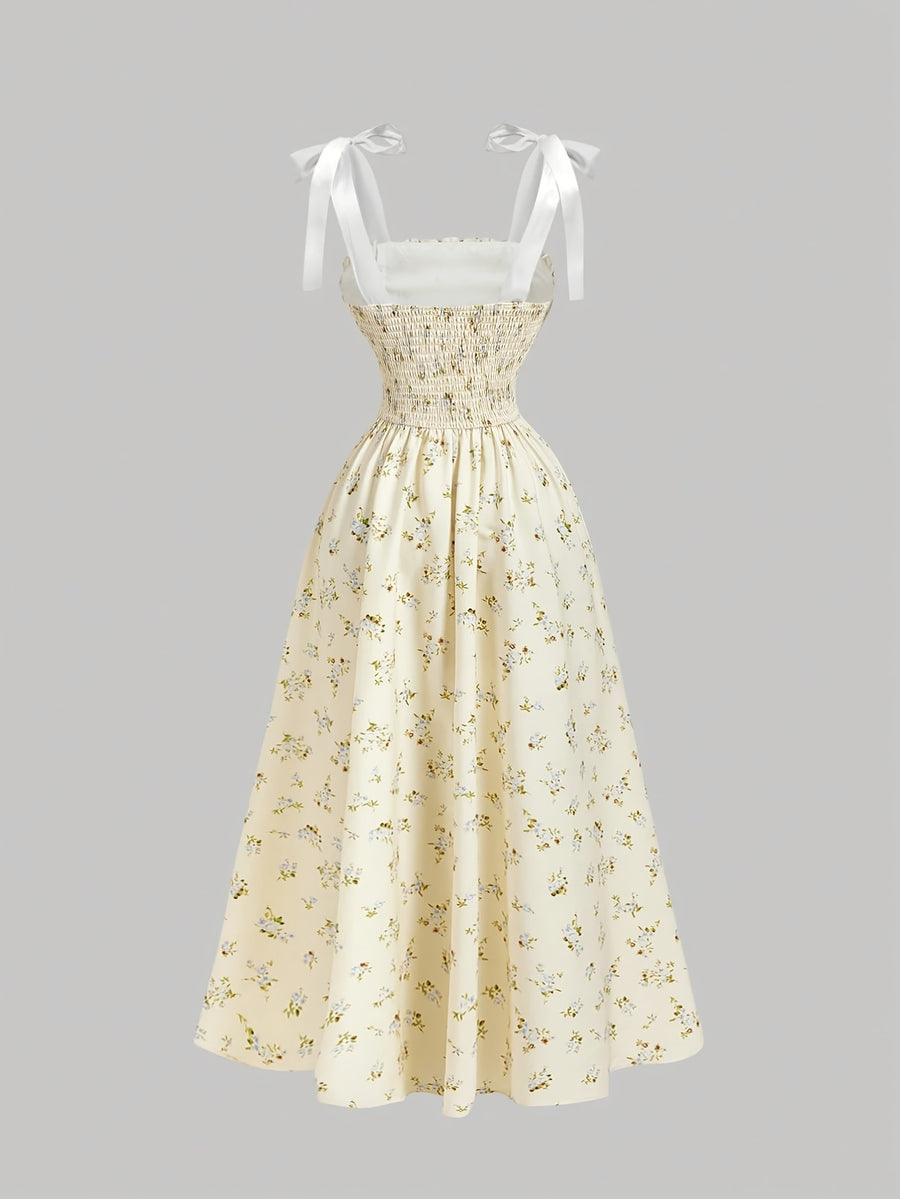 Sweet Floral Print Spaghetti Strap Tie-Up Dress, Waist-Cinching Flared Maxi Dress, Bow Strap Princess Dress, Elegant Vintage Pastoral Style - Cream Color