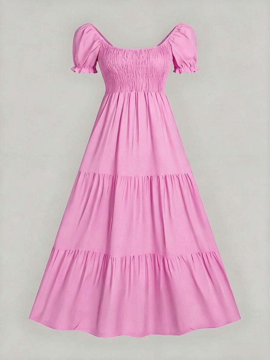 Four-Season Suitable Dress, Y2K Women's New Solid Color Square Neck Tie-Back Long Dress, Suitable for Streetwear, Commuting, Parties, Social Events, Vacations, Christmas, New Year, Valentine's Day, Women's New Clothing M186 - Pink