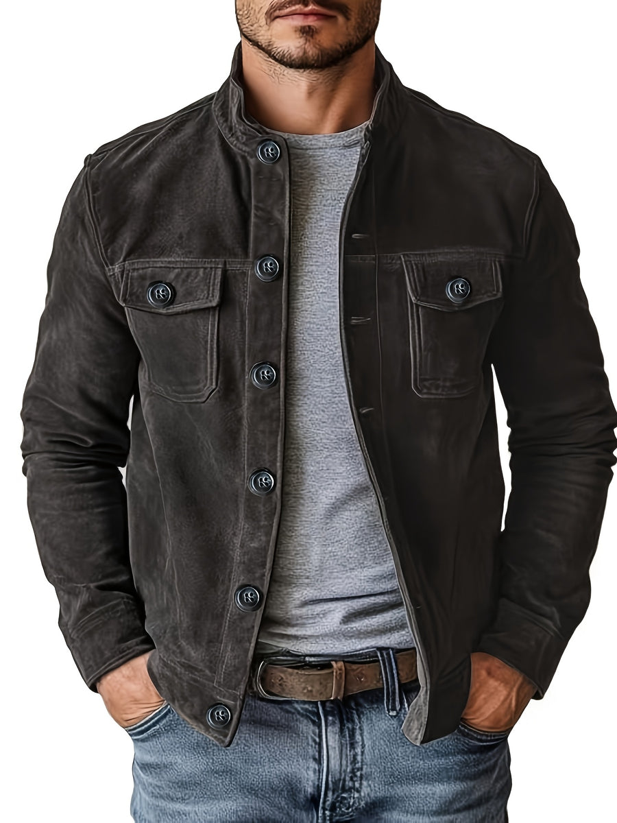 Men'S Casual Jacket with Pockets, Versatile Long-Sleeved Stand Collar Button Coat, Transitional Outerwear - Graphite Color