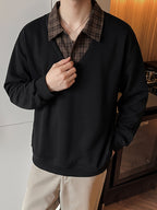 Men's Korean-style Lightly Mature Plaid Lapel 2-in-1 Look Sweatshirt, Loose Drop-Shoulder Fit Soft and Skin-Friendly Spliced Long-Sleeve Top, for Daily Commuting, Dates, Spring and Autumn - Black