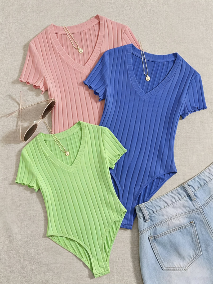 3pcs Women'S V-Neck Elegant High-Stretch Comfortable Ribbed Solid-Color Bodysuits - Blue + Light Pink + Yellow-Green