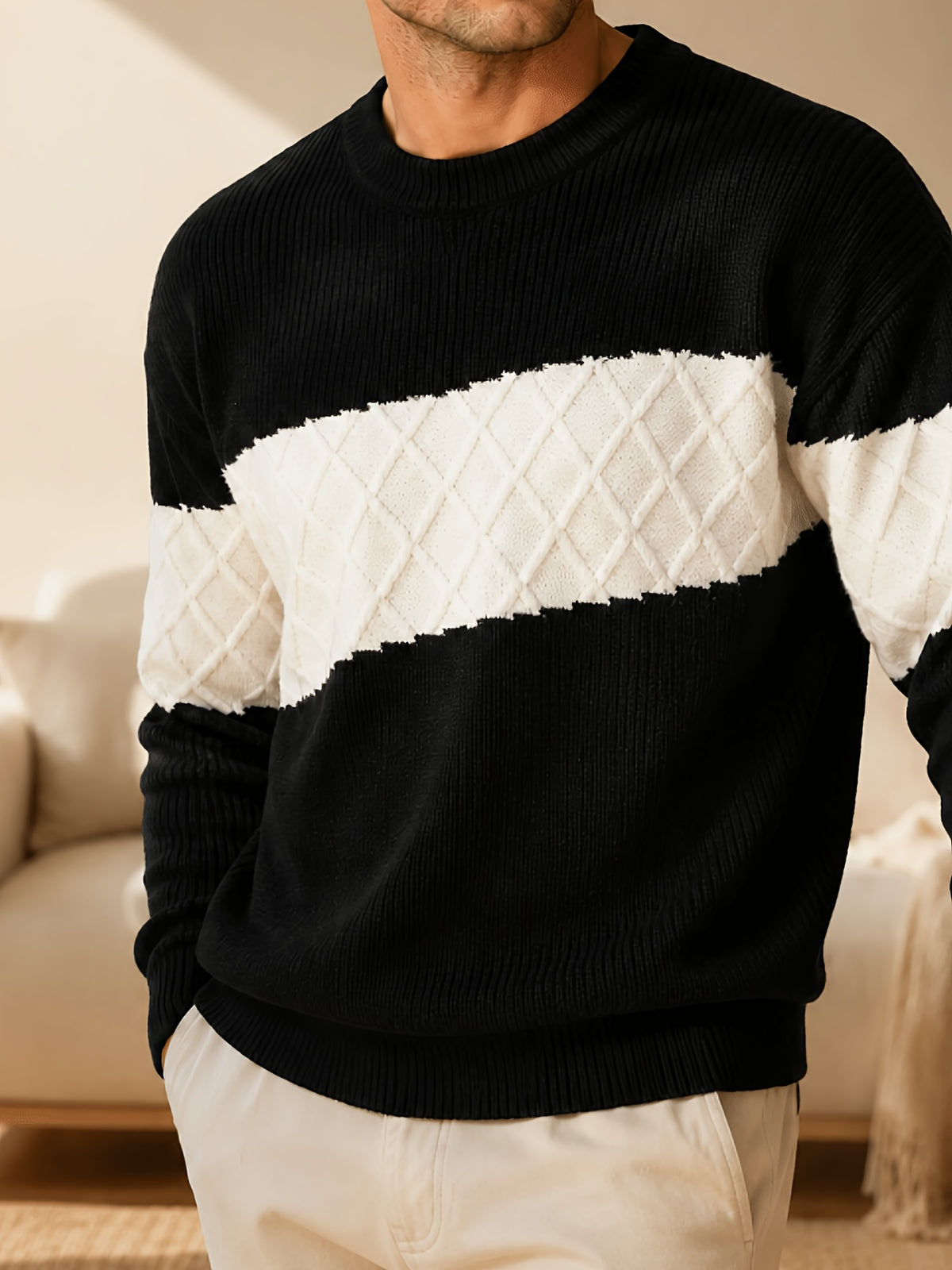 Men's Du Jing Lan OBM Contrast Color Knit Sweater - Old Money Style Business Casual Pullover with Color-Blocking, Ribbed Crew Neck Sweater Suitable for Layering, Golf, Basketball, Outdoor & Daily Wear, Spring/Autumn Winter Wardrobe - Black