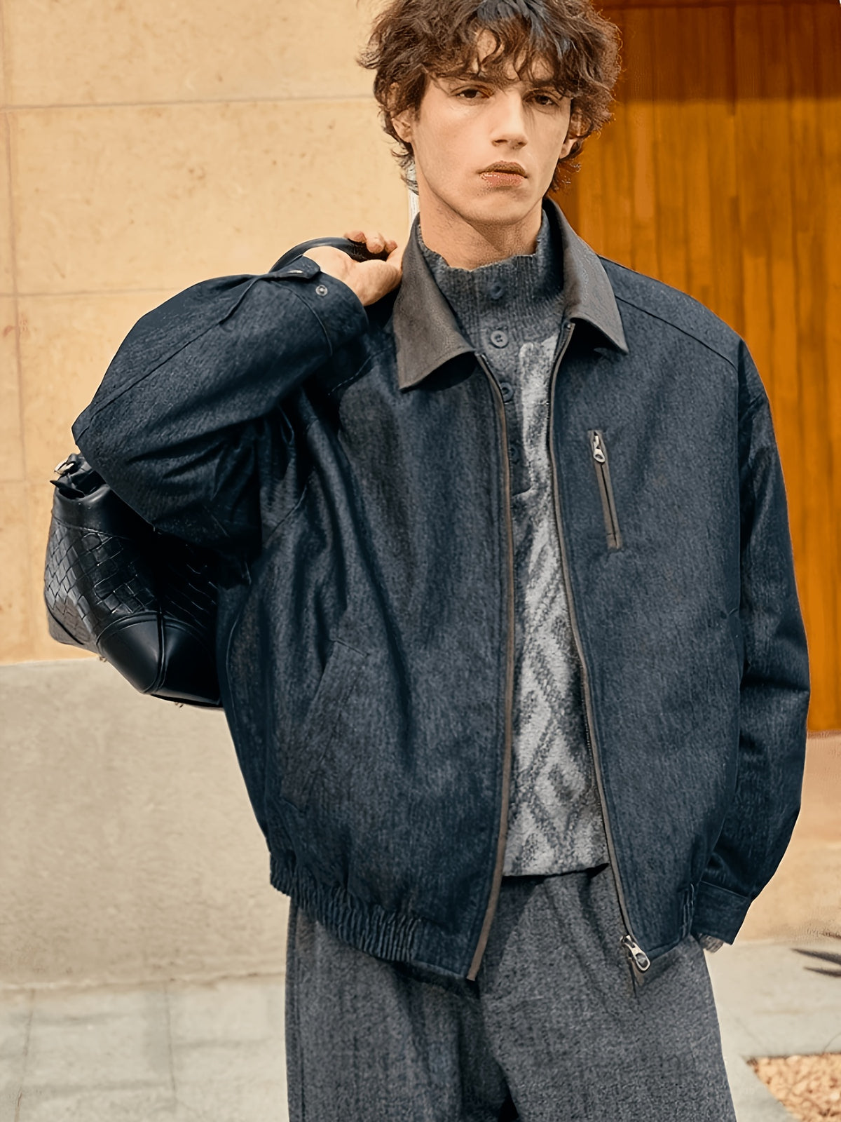 Men'S 2026 New Spring And Autumn Loose American Style Casual Jacket with Faux Denim Fabric, Stand-Up Collar Top - Tannin Blue