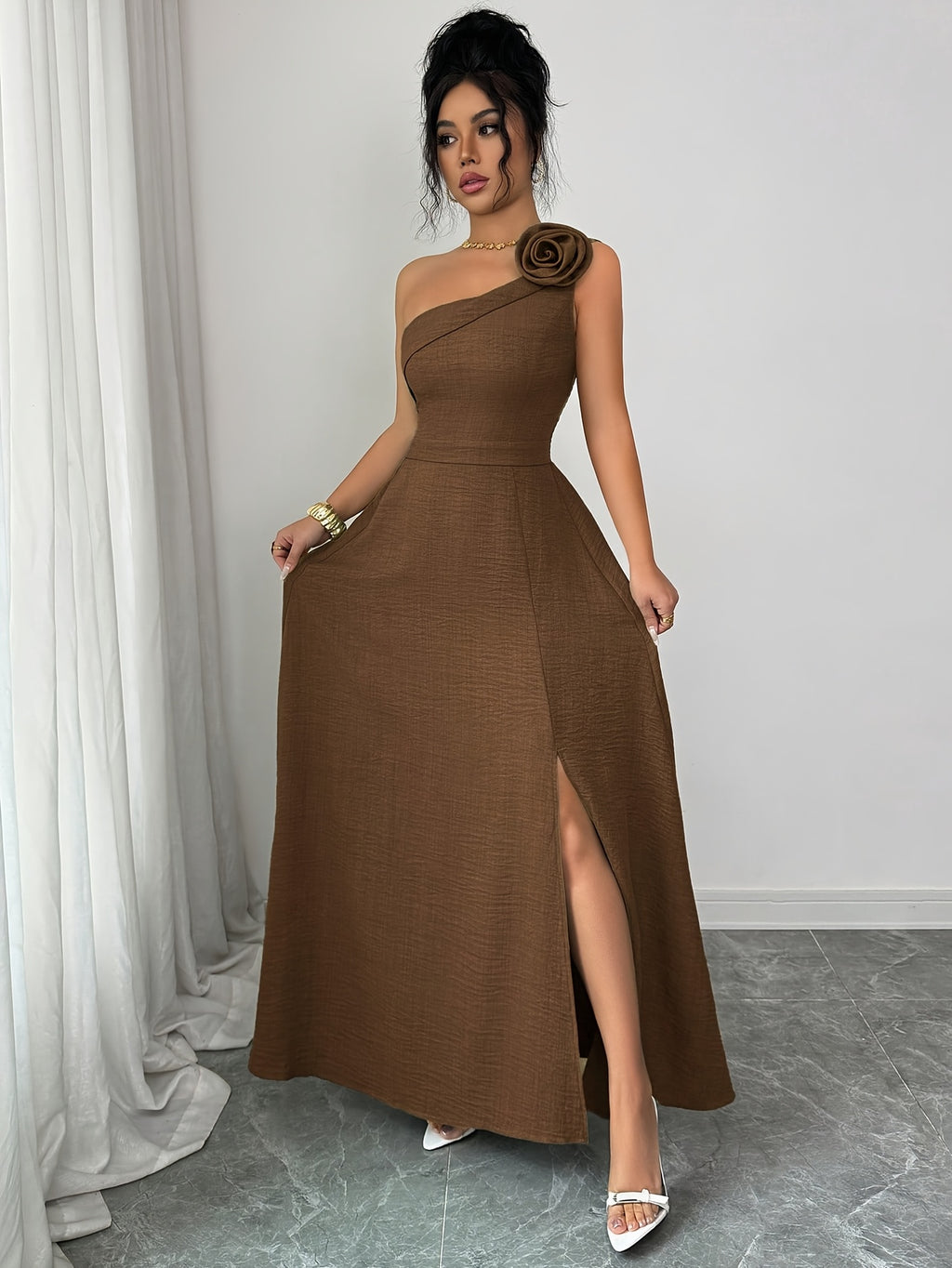 New Summer Women's Off-Shoulder Rose-Embellished Long Dress with Waist-Defining Slit, Elegant One-Shoulder Design, Mature Style for Dates and Banquets - Dark Brown