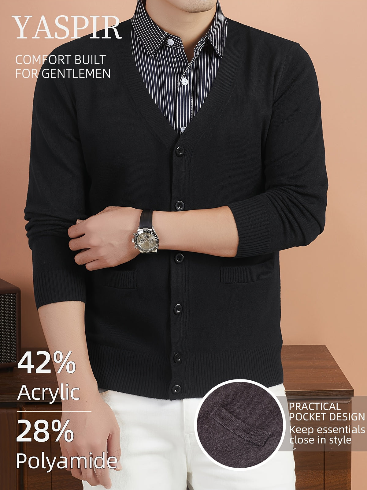 Men'S Layered Polo Collar Cardigan Design, Lightweight Refined Knitwear in Timeless Old Money Style, Perfect for Casual, Outdoor & Everyday Wear - Black