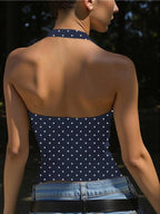 Women'S Camisole Polka Dot Halter Neck Vest, Summer Hot Deep V Waist-Cinching Midriff Short Top, Inner And Outer Wear French Retro Polka Dot Design, Halter Neck Deep V Cutout Showcasing Sexy Clavicle - Navy Color
