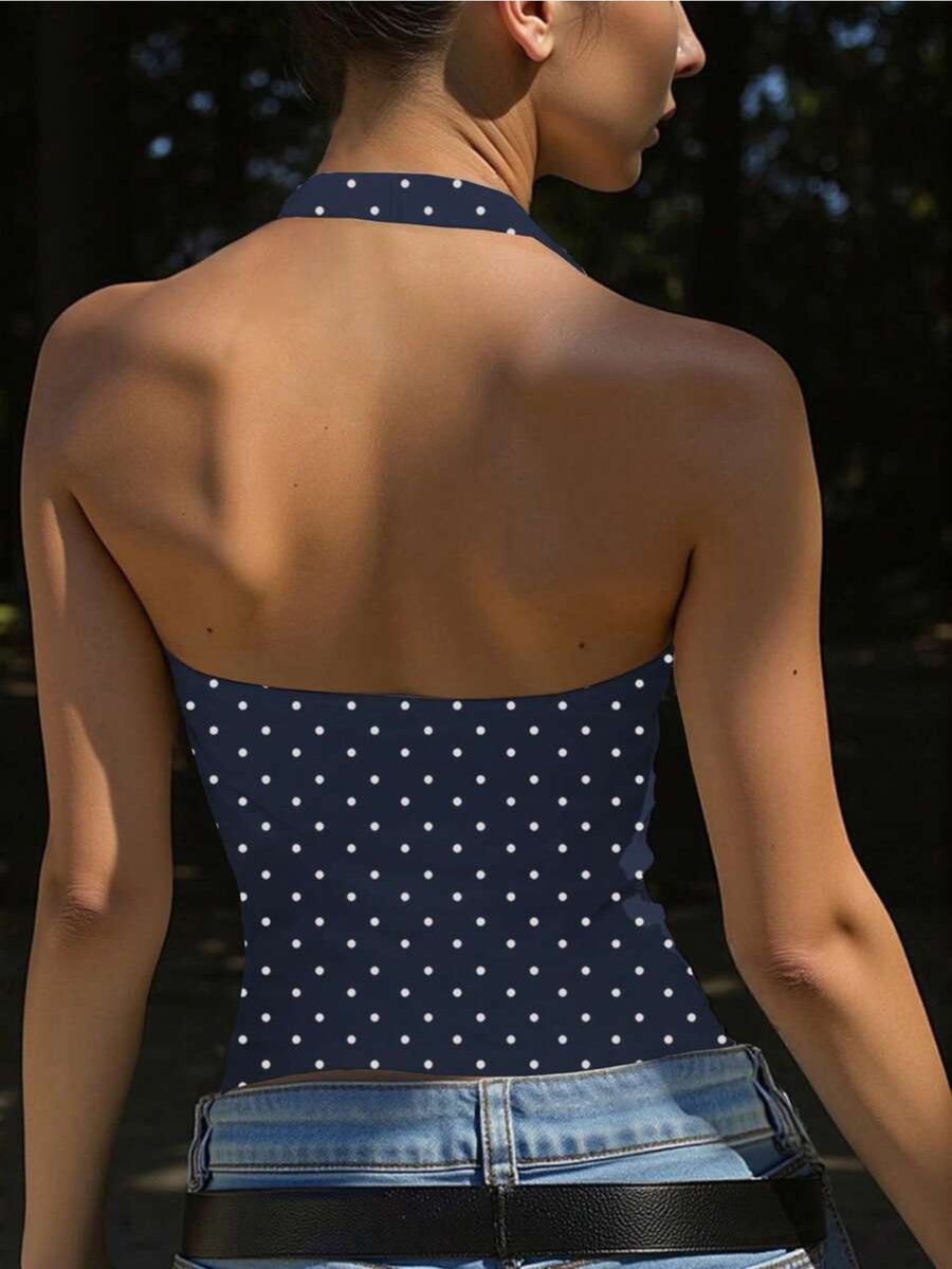 Women'S Camisole Polka Dot Halter Neck Vest, Summer Hot Deep V Waist-Cinching Midriff Short Top, Inner And Outer Wear French Retro Polka Dot Design, Halter Neck Deep V Cutout Showcasing Sexy Clavicle - Navy Color