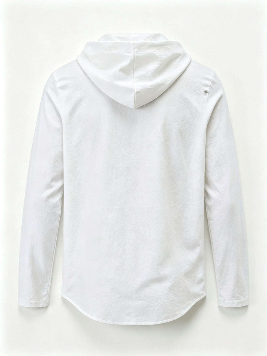 Men's Fashion Hoodie, Linen Long Sleeve Hooded Top Shirt, Henley Shirt, Linen Texture Hooded Henley Long Sleeve Shirt for Men, Half-Zip Wood Button Drawstring Hoodie, Vacation Style Loose Fit with Roll-Up Sleeves, Casual Top, 2pcs Set - White*2