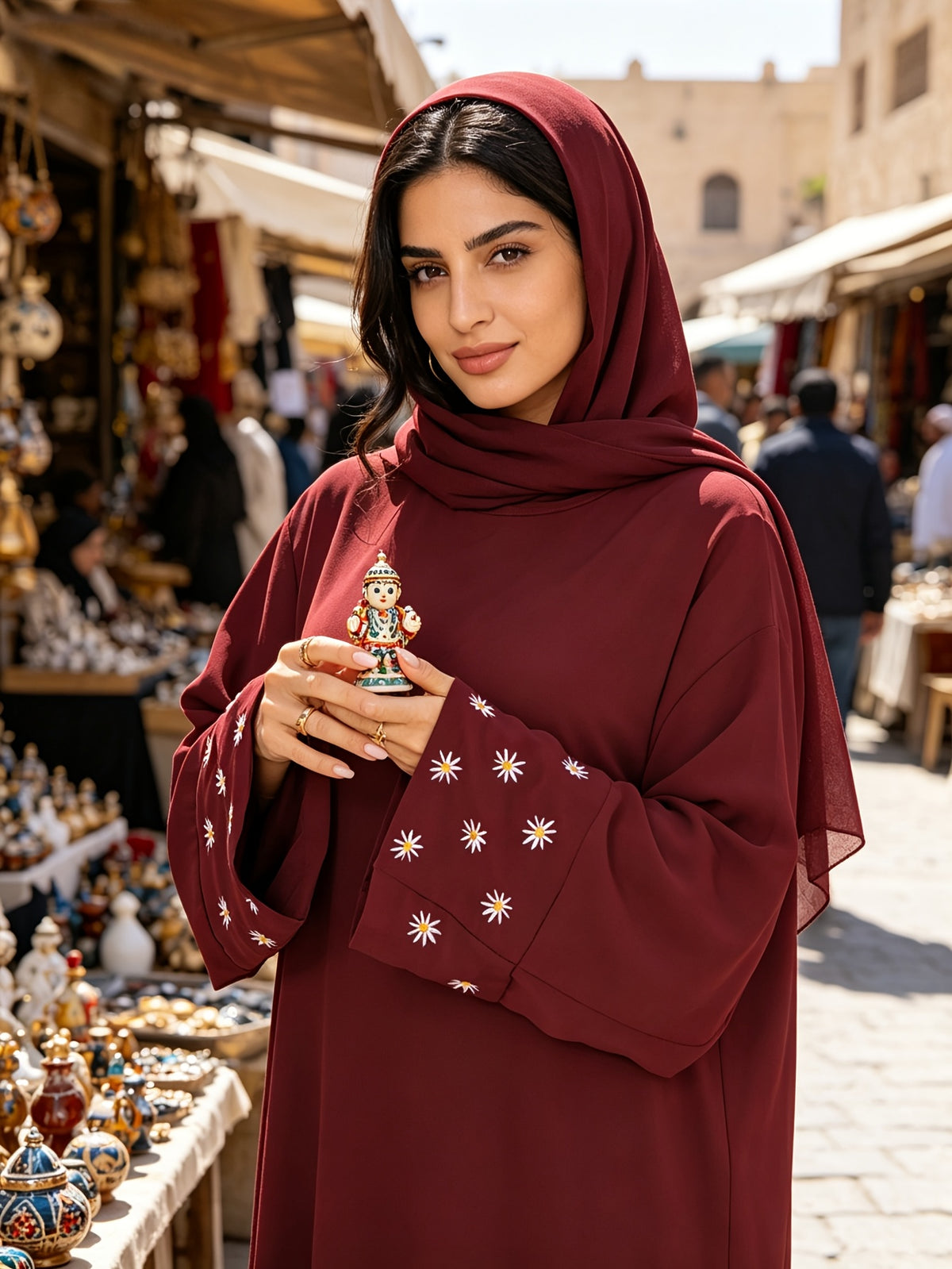 1pc (Scarf Not Included) This Fashionable, Elegant And Casual Abaya Dress with Embroidered Small Chrysanthemums at The Cuffs, No Scarf, Solid Color, Suitable for Daily Wear, Loose And Comfortable for Women. Islamic Clothing for Women Kleider Damen - Chocolate