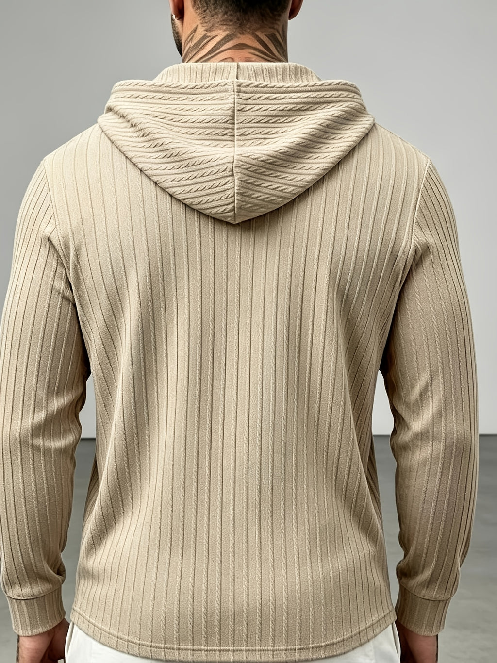 New Men'S Textured Jacquard Hooded Sweatshirt, Henley Button-Front Pouch Kangaroo Pocket Loose Stretch Long Sleeve Casual Top - Khaki