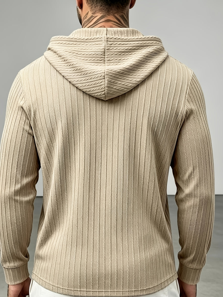 New Men'S Textured Jacquard Hooded Sweatshirt, Henley Button-Front Pouch Kangaroo Pocket Loose Stretch Long Sleeve Casual Top - Khaki