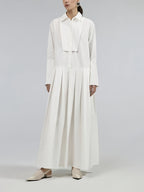 Minimalist Style White Shirt-Style Long Dress with Lapel, Overlapping Front Placket, Pleated Flared Hem, Elegant Bridesmaid Dress for Wedding Guests and Banquets - Milky