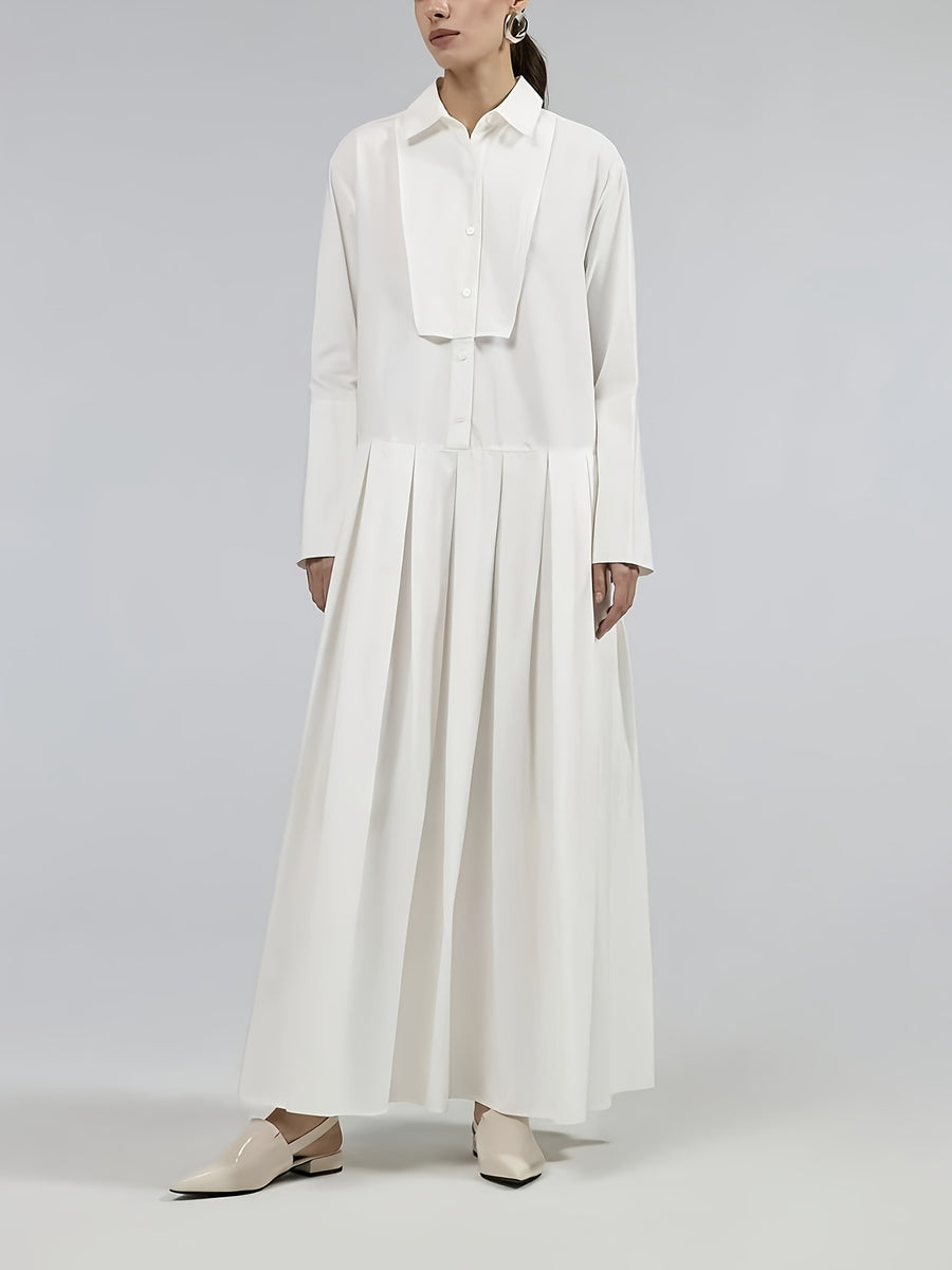 Minimalist Style White Shirt-Style Long Dress with Lapel, Overlapping Front Placket, Pleated Flared Hem, Elegant Bridesmaid Dress for Wedding Guests and Banquets - Milky