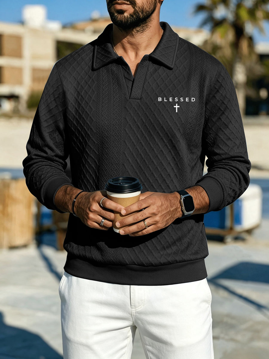 Men'S Diamond Pattern Long Sleeve Polo Shirt with Textured Collar And Pullover Style, All-Match Business Casual Top (Random Texture) - Black