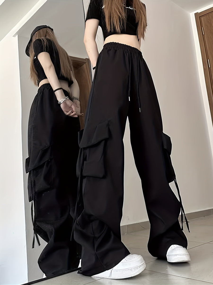 Women'S Casual Pants 2026 Summer New Straight-Leg Drape Wide-Leg Cargo Pants High-Waisted Trousers - Black