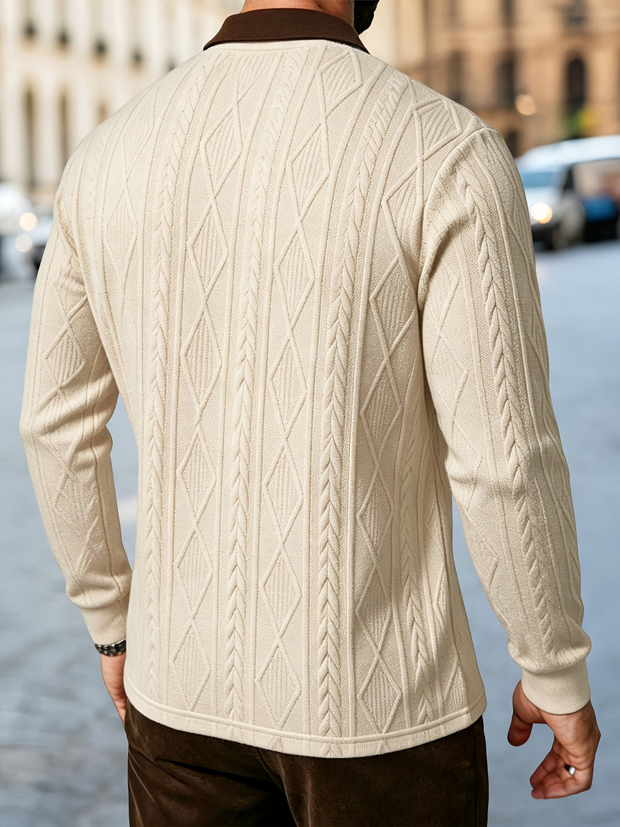 Men'S Fashion Long-Sleeve Polo Shirt, 3D Relief Golf Character Print, Foam Weight Craft, Contrast Color Reversible Design T-Shirt, Essential for Golf And Polo Wear, Breathable Warm And Skin-Friendly Comfort, Indoor Gatherings And Outdoor Sports - Apricot