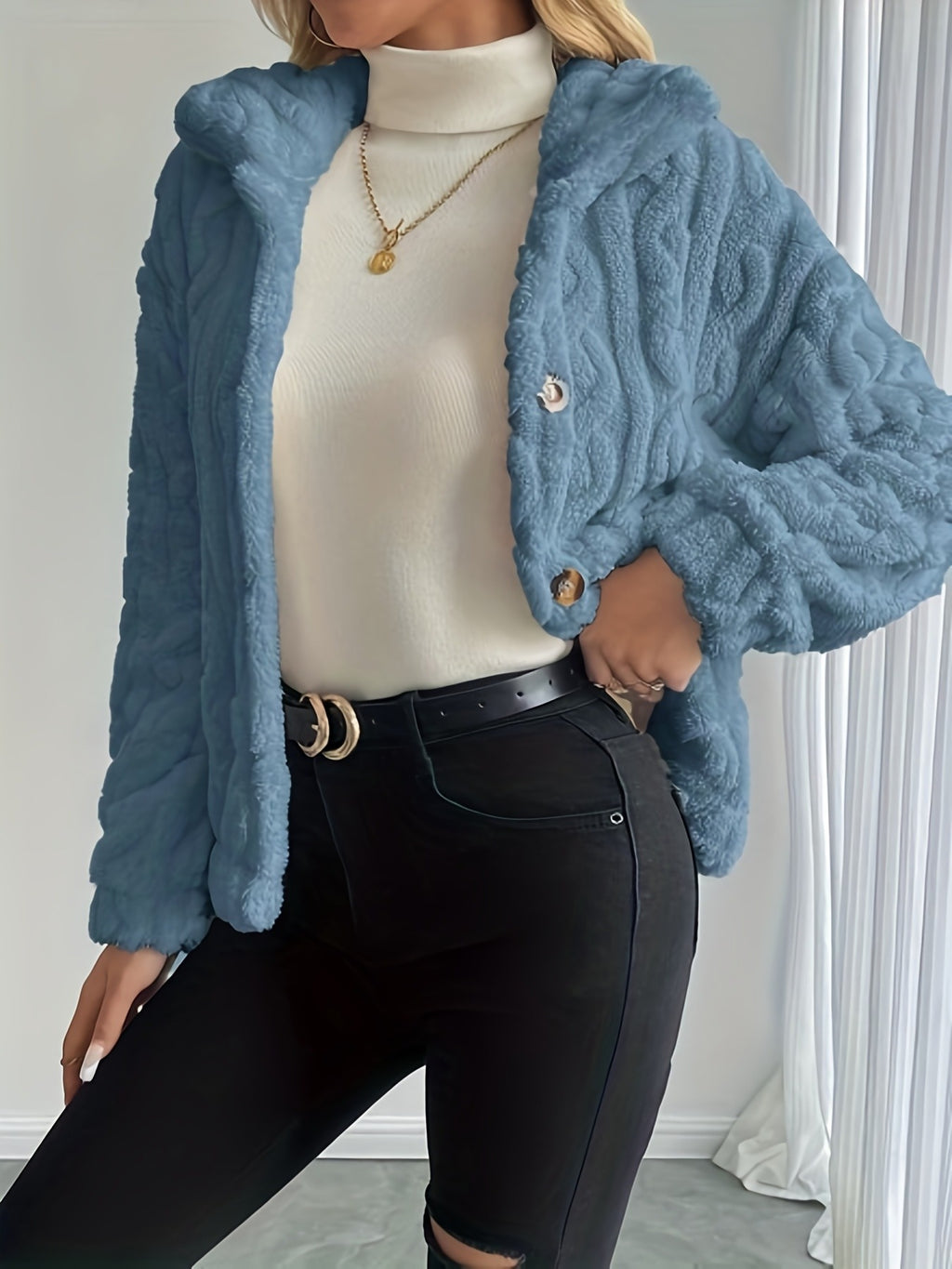 Double-Sided Lapel Button Elegant Top Coat - Blue
