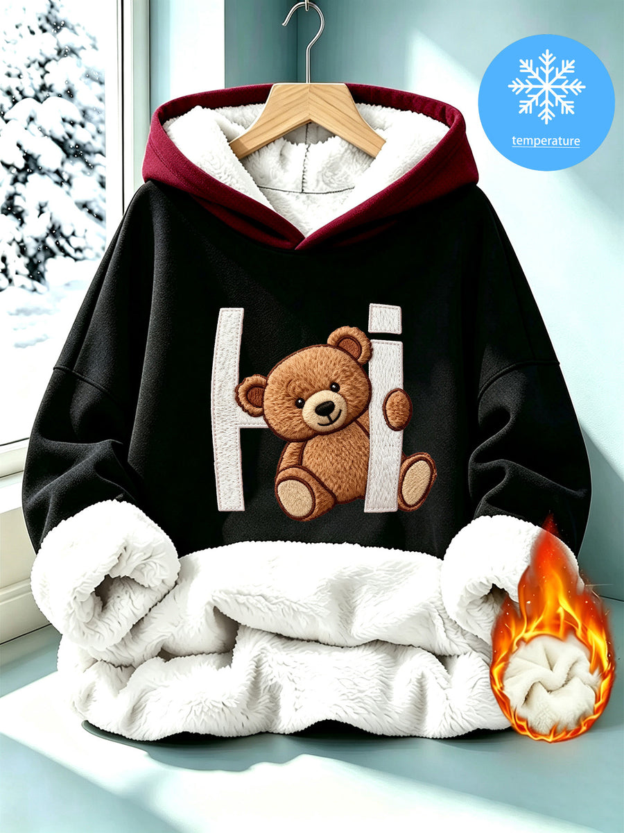 Women's Faux Embroidery Print Thick-Lined Loose Hooded Sweatshirt with 3D Plush Hi Bear Print, Contrast Color Hood Top, Autumn/Winter Warm Pullover, Lazy Style Aesthetic Casual Shirt - Black&Red