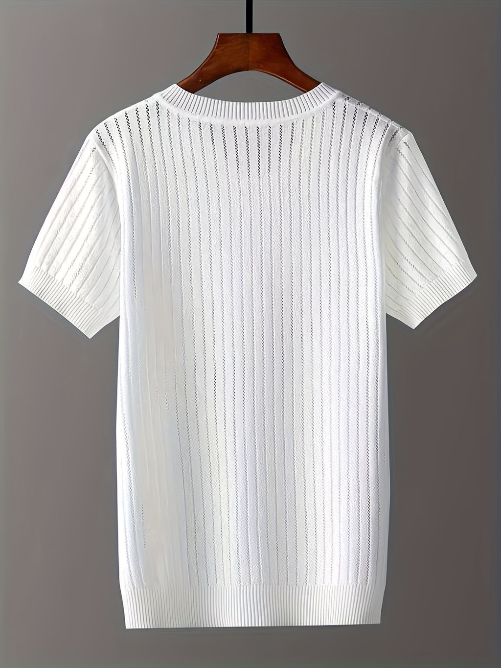 Fiber Fabric Hollow-Out Short Sleeve V-Neck Knitted Sweater, Solid Color, Casual and Versatile - White