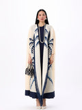 Women'S Modest Open Front Abaya Pleated Long Cardigan Dubai Arab Turkish Kimono Duster Coat Vintage Palm Tree Print Fringe Trim Resort Holiday Cover Up Beach Robe Outerwear - Milky