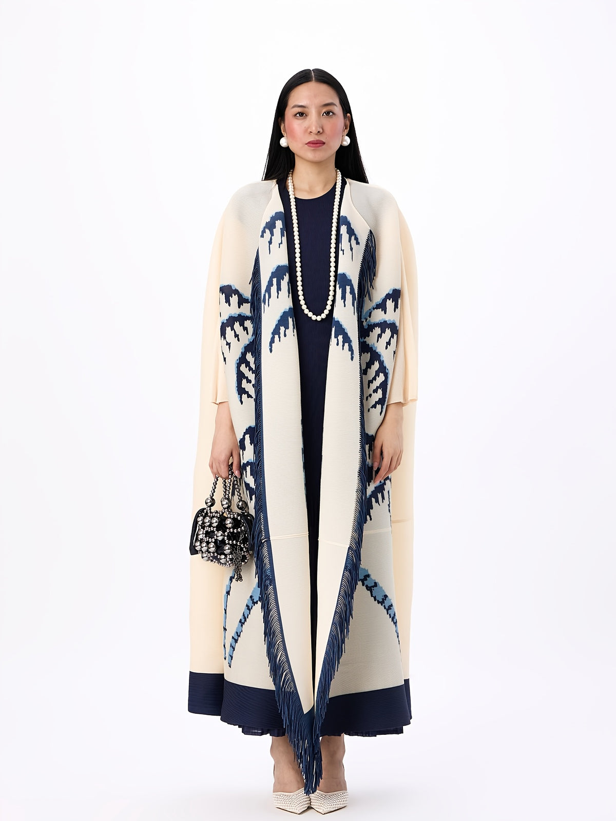 Women'S Modest Open Front Abaya Pleated Long Cardigan Dubai Arab Turkish Kimono Duster Coat Vintage Palm Tree Print Fringe Trim Resort Holiday Cover Up Beach Robe Outerwear - Milky