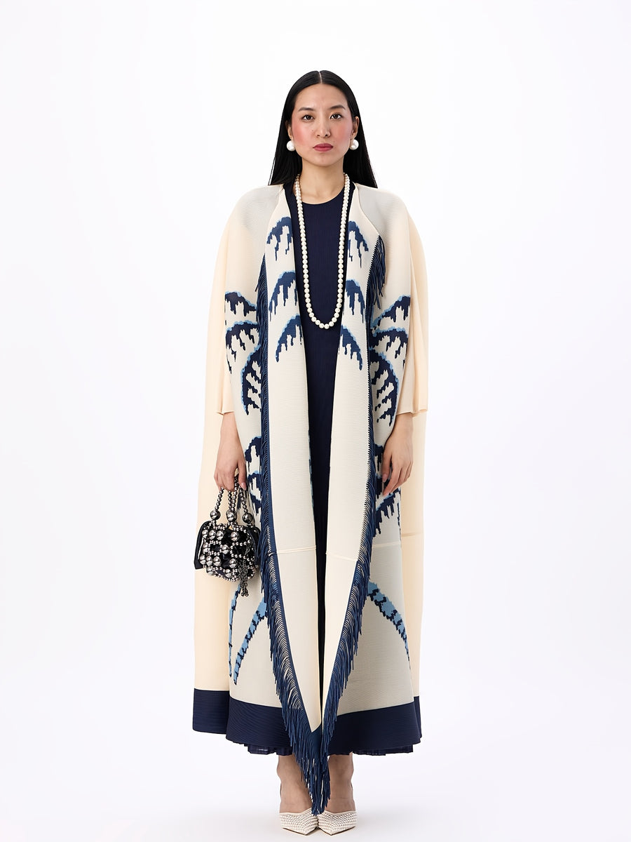 Women'S Modest Open Front Abaya Pleated Long Cardigan Dubai Arab Turkish Kimono Duster Coat Vintage Palm Tree Print Fringe Trim Resort Holiday Cover Up Beach Robe Outerwear - Milky