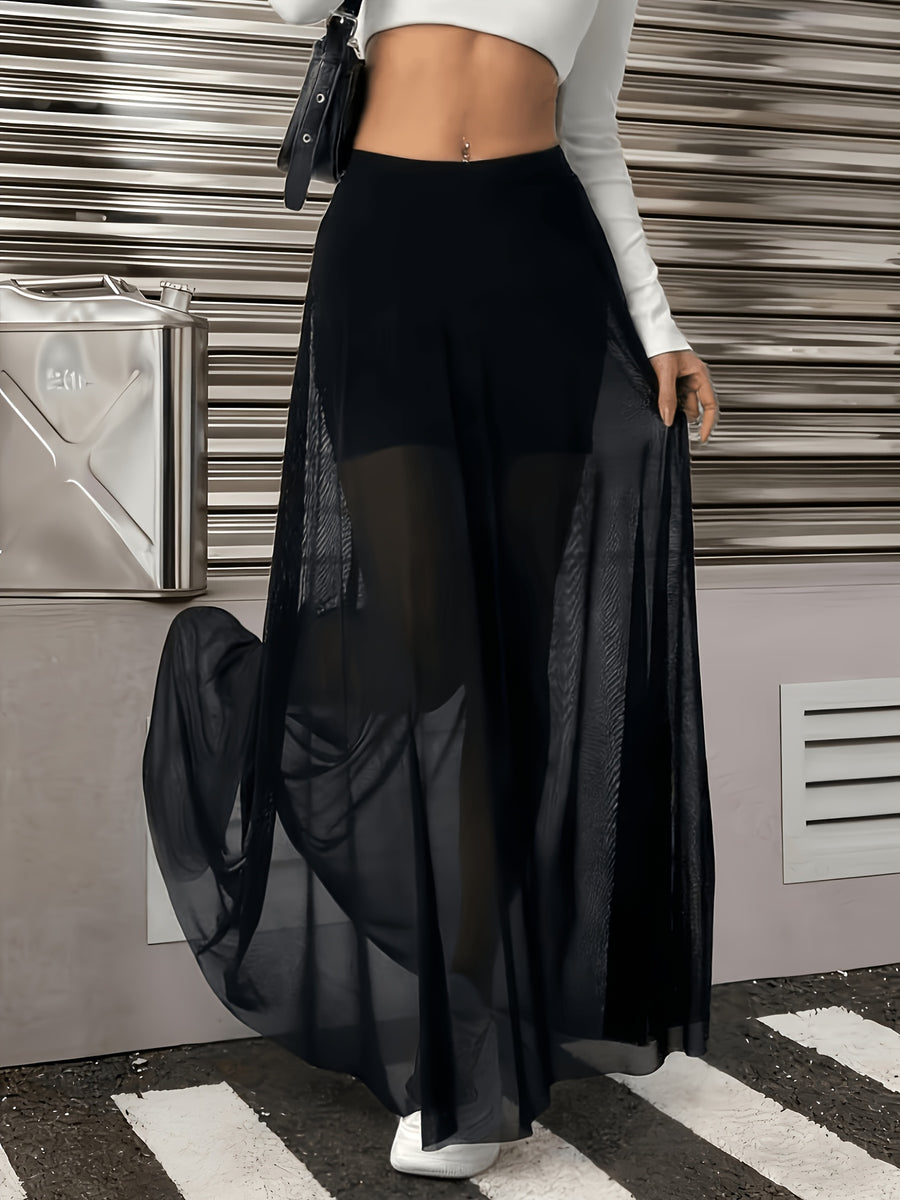 Elegant Sheer Mesh Skirt for Women, Flared Half Skirt - Black