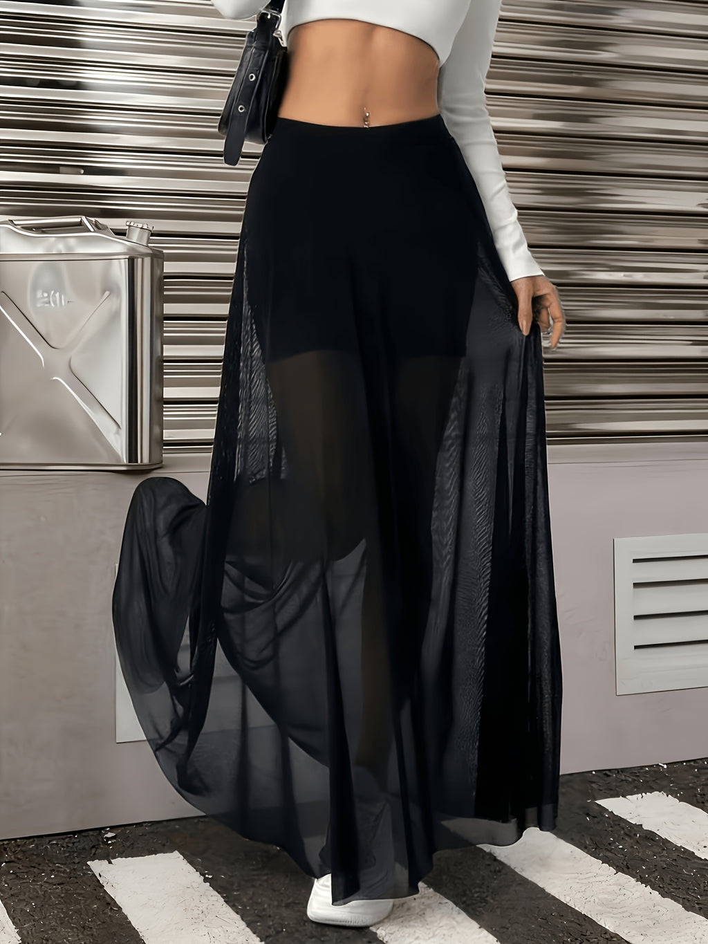 Elegant Sheer Mesh Skirt for Women, Flared Half Skirt - Black