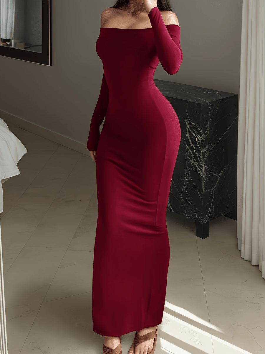 Women'S Spring Summer Elegant Off-Shoulder Long Sleeve Maxi Dress Bridesmaid Gown - Burgundy