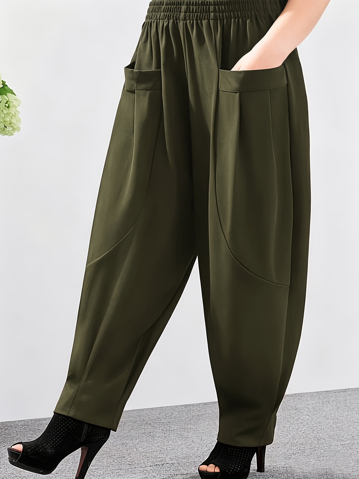 Plus Size - Women'S Plus Size Spring And Autumn New Harem Pants, Slim-Fit Elastic Waist Casual Trousers - Olive Green